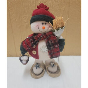 Snowman In Snowshoes Standing 14" Broom Pale of Snowballs Table Top Decor